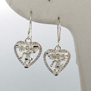 Estate Sterling Silver 925 Cherub Heart Dangle Earrings Hook Marked 2.9g